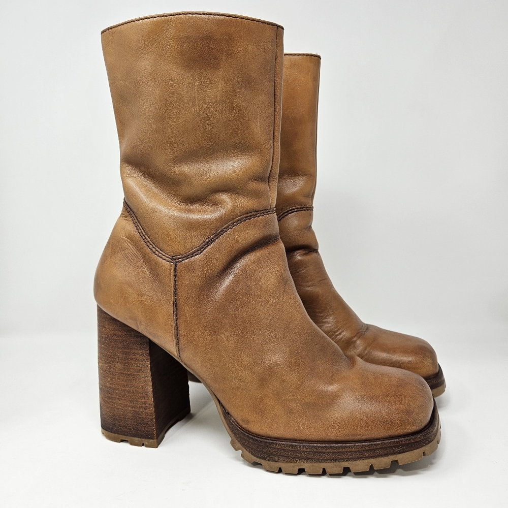 BONGO Tan Block Heel Leather Mid-Calf Boots